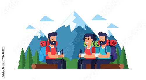 Group Of Hikers Relaxing After Reaching The Summit, Sitting And Taking A Break