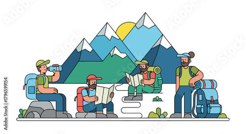 Group Of Hikers Resting With Maps And Supplies Amidst Mountain Scenery Visualization
