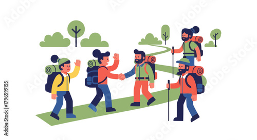 Group Of Hikers Shaking Hands, Happy Together With Big Backpacks Hiking Up The Mountain