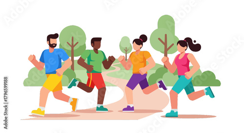 Group Of People Jogging Together In The Park, A Fun Healthy Activity With Friends