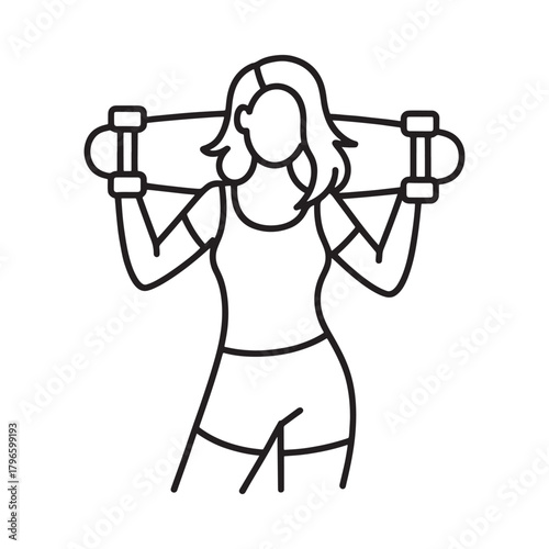 Woman holding a skateboard over her shoulders in a simple line drawing