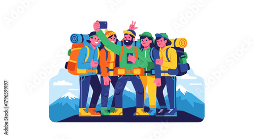 Group Of Hikers Taking Selfie During Mountain Trekking Expedition Adventure Together