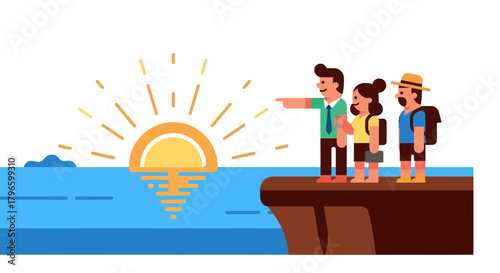 Group Of People Observe Spectacular Sunset Over Calm Waters in a Geometric Illustration