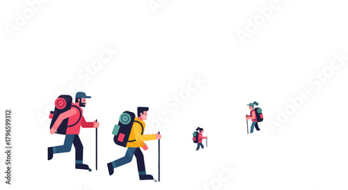Group Of Hikers Traversing An Ascent Depicted With A Minimalist Vector Illustration