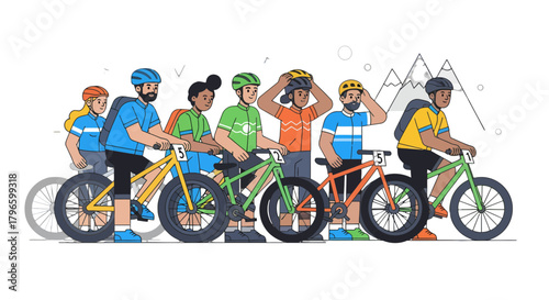 Group Of People On Bikes With Helmets Ready For A Mountain Adventure Outing Soon