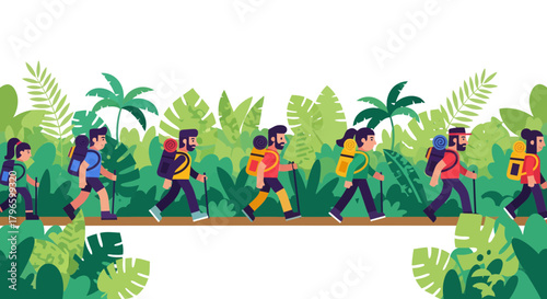 Group Of Hikers Traversing Lush Vegetation On Wooden Path Illustrative Composition