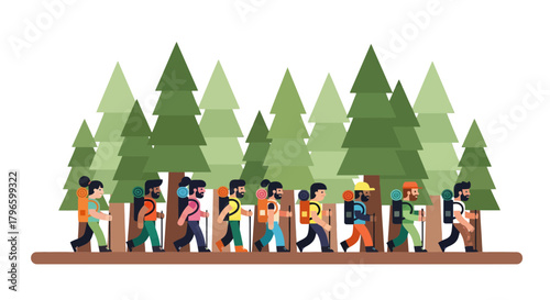 Group Of Hikers Traversing Forest: An Outdoor Adventure in Nature's Embrace