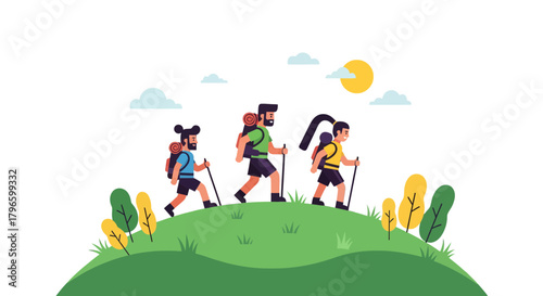 Group Of Hikers Traversing Hilly Terrain During Daytime Adventure Expedition