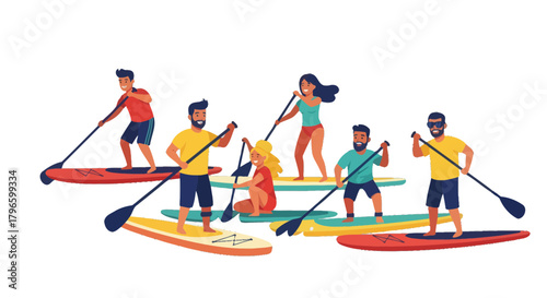 Group of People Paddleboarding on a Lake, Enjoying Summer Time Recreation