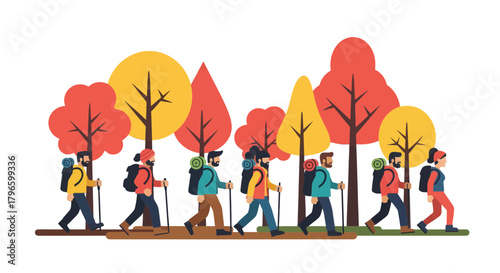 Group Of Hikers Traversing Autumnal Woods In A Stylized, Colorful Illustration