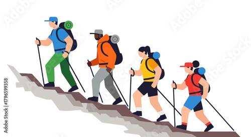Group Of Hikers Traversing Mountain Ascent With Recreational Backpacks, Isolated On Black
