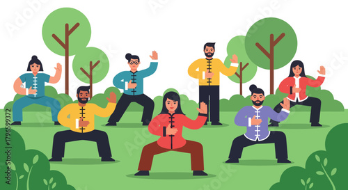 Group Of People Perform Tai Chi Exercise In Park Representing Wellness And Health