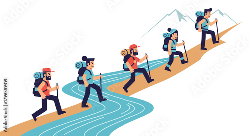 Group Of Hikers Traversing Mountain Path Representing Teamwork and Adventure