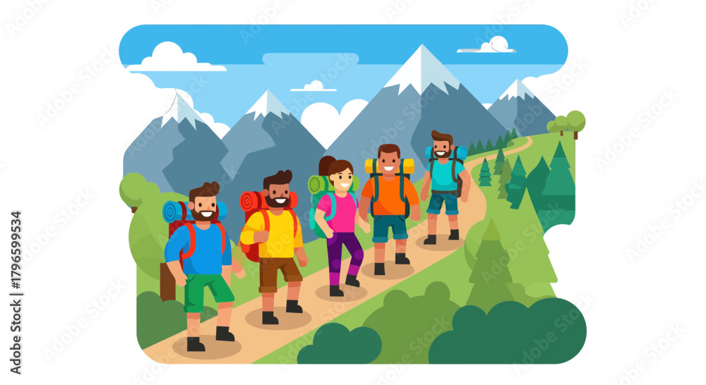 Naklejka premium Group Of Hikers Traversing Mountainous Terrain in a Colorful and Dynamic Illustration