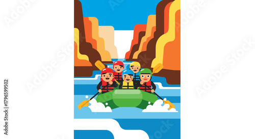 Group Of People Rafting Through The Canyon On A Sunny Day Illustration