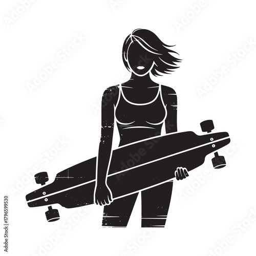 Silhouette of a woman holding a longboard skateboard