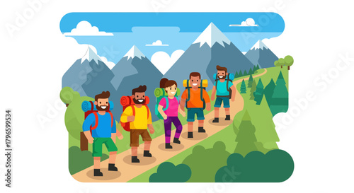 Group Of Hikers Traversing Mountainous Terrain in a Colorful and Dynamic Illustration