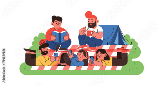 Group Of People Relax Outdoors With Phones Reading Books And Enjoying Drinks Together