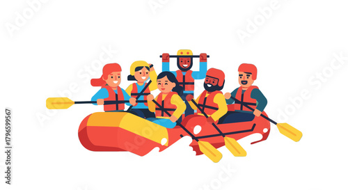 Group Of People Rafting Together With Paddles And Joy On Water Adventure