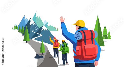 Group Of Hikers Traversing Mountainous Terrain Into Unknown Adventures
