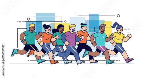 Group Of People Running in a Race With City Background Illustration