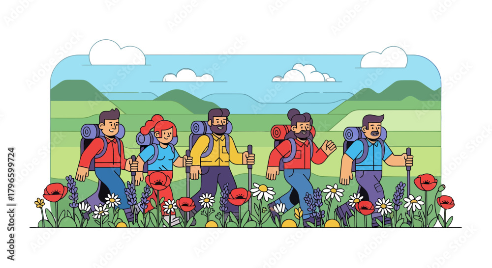 Fototapeta premium Group Of Hikers Traversing Scenic Trails In Nature During Beautiful Weather Conditions