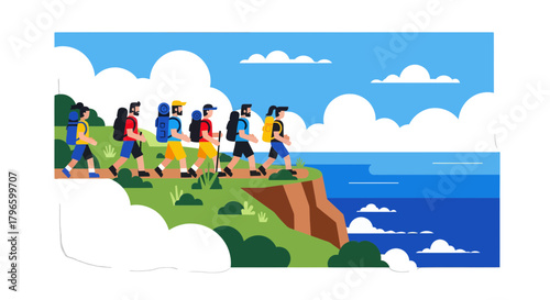 Group Of Hikers Traversing Scenic Landscape on Cliff by the Ocean's Edge