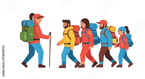 Group Of Hikers Traversing Rugged Trails With Backpacks And Walking Sticks