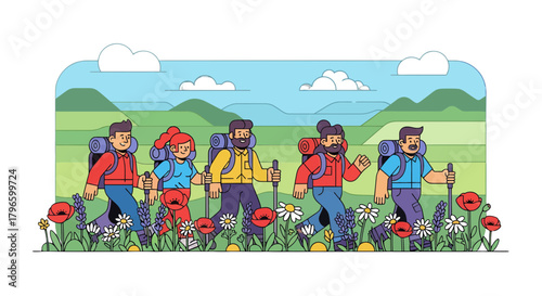 Group Of Hikers Traversing Scenic Trails In Nature During Beautiful Weather Conditions