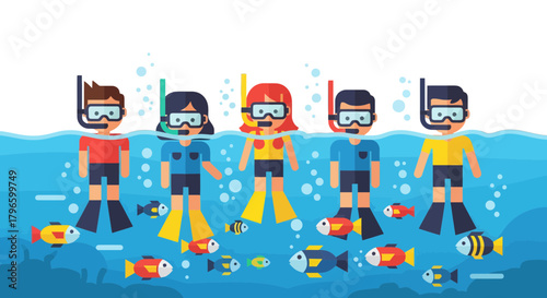 Group Of People Snorkeling Underwater Near Fish And Bubbles Vector Illustration
