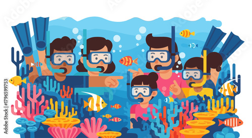 Group Of People Snorkeling Underwater Near Coral Reefs With Tropical Fish