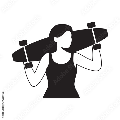 Woman holding a skateboard over her shoulders