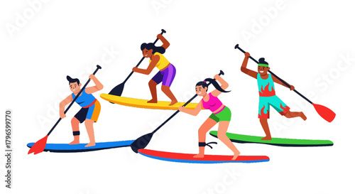 Group Of People Stand Up Paddle Boarding On The Water Against Black Background