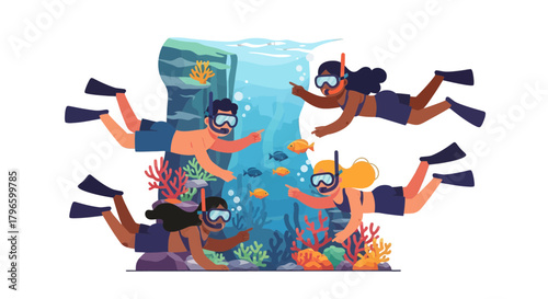 Group Of People Snorkeling Underwater Near Reef, Explore The Beautiful Sea