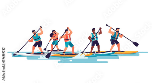 Group Of People Stand Up Paddle Boarding In The Tranquil Waters Enjoying The Activity