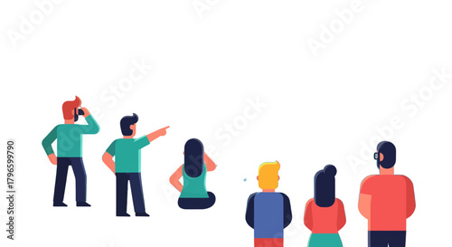 Group Of People Standing Observing Something With Black Background Illustration