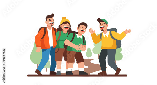 Group Of Smiling Friends Hiking And Exploring Nature In A Joyful Adventure Trip