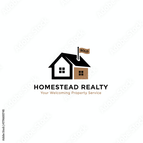 A real estate logo featuring a house icon, a flag that says "SOLD," and a tagline