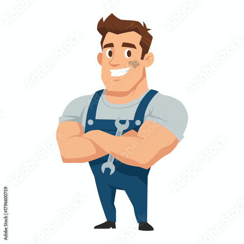 A muscular cartoon mechanic with a wrench on his overalls, arms crossed, and a confident smile