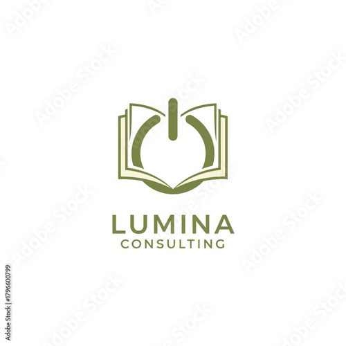 A logo design combining an open book with a power button symbol, and text below