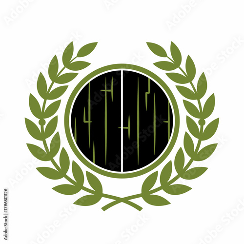 A laurel wreath surrounds a circle, which contains a segmented black backdrop with green vertical lines