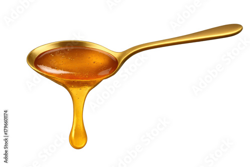 Honey dripping from golden spoon on transparent background