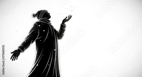 Black and white silhouette of a woman in a winter coat enjoying the snow.