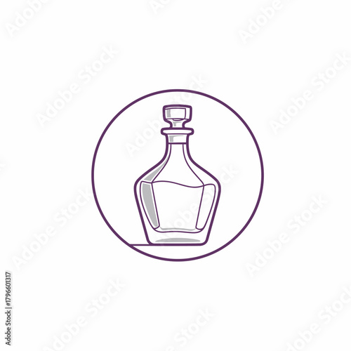 Illustration of a decanter with liquid inside, framed by a purple circle, isolated on a white background