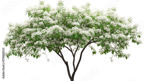 Fringe tree blossom delicate white flowers blooming spring botanical branch soft petals foliage fresh nature flora isolated on white background