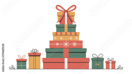 Gift Boxes Galore: A festive arrangement of colorful gift boxes, meticulously stacked and adorned with ribbons, ready to bring joy and anticipation. 