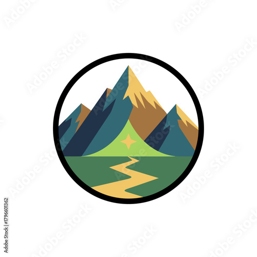 A colorful mountain landscape enclosed in a circular frame, featuring a star and winding path