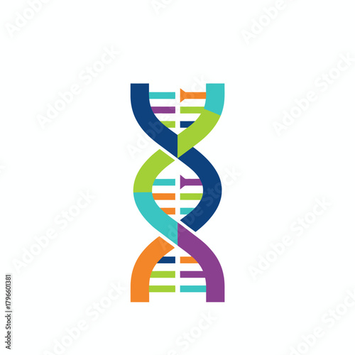 A vibrant illustration depicts a DNA double helix with colorful segments, on a clean white background