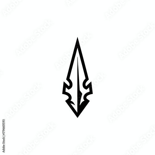 A black and white symmetrical design depicting an arrowhead with ornate, curved details