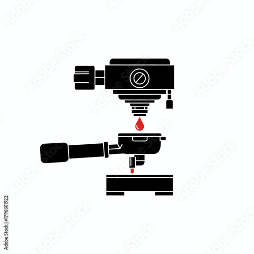 Flat black and red illustrative image of espresso machine brewing coffee from portafilter